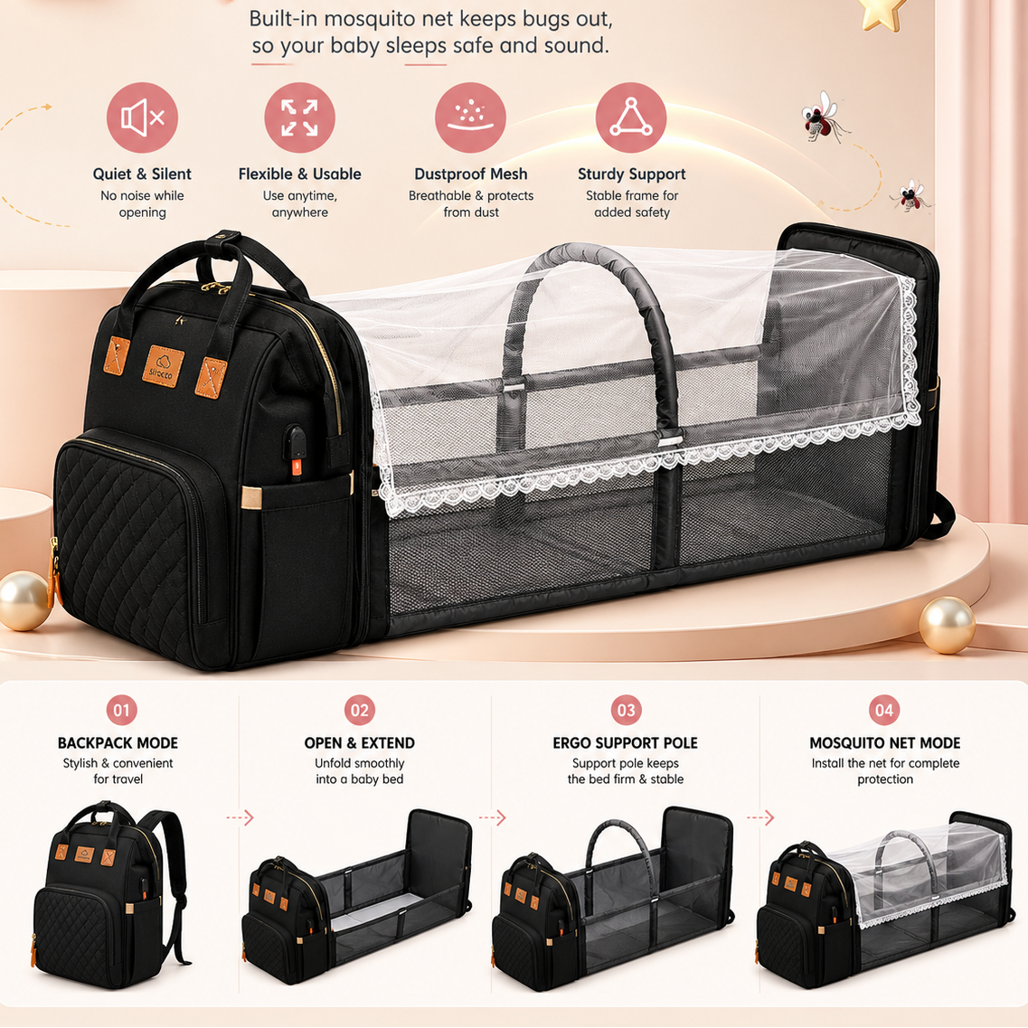 Baby Diaper Backpack with Foldable Cot