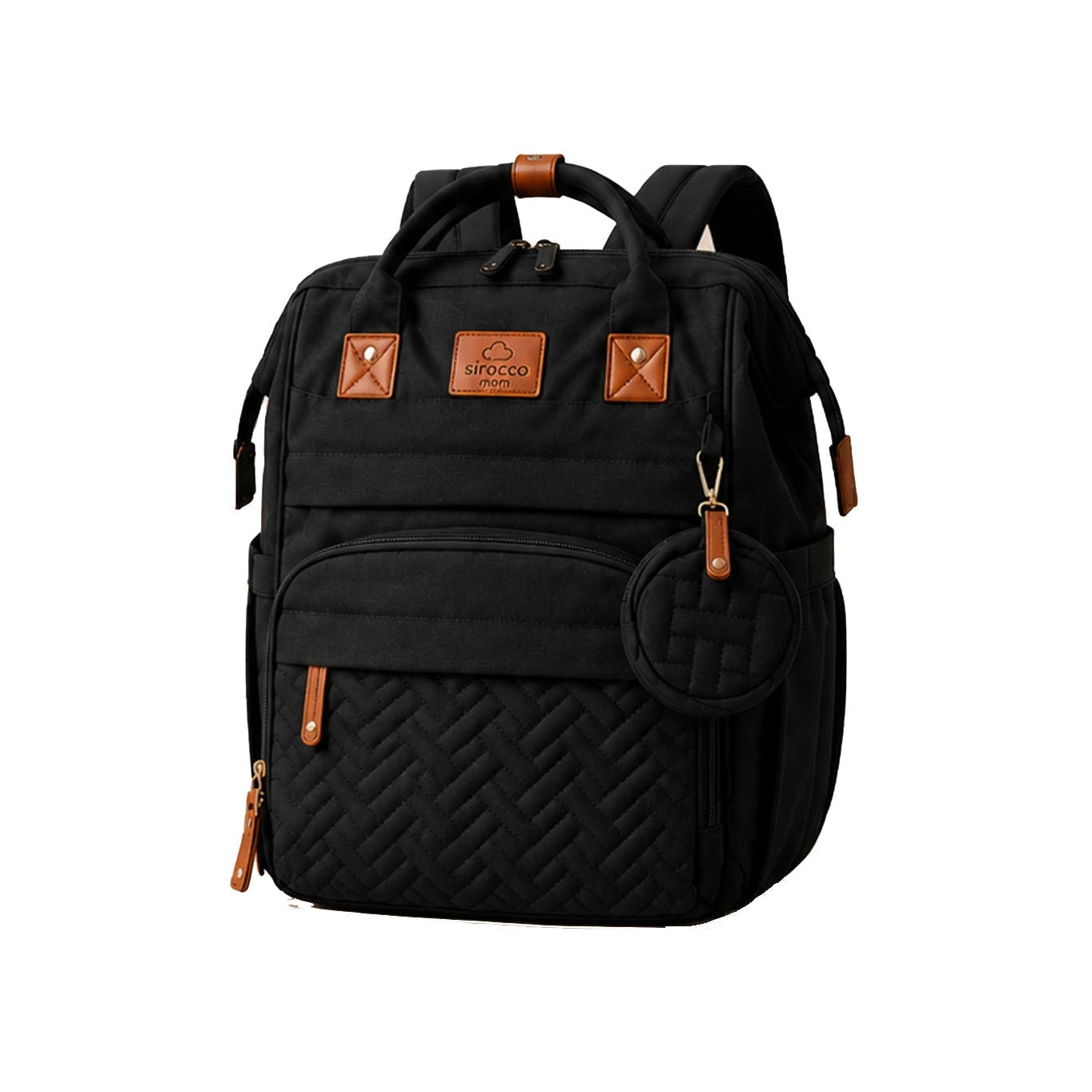 Black backpack with brown accents on a white background